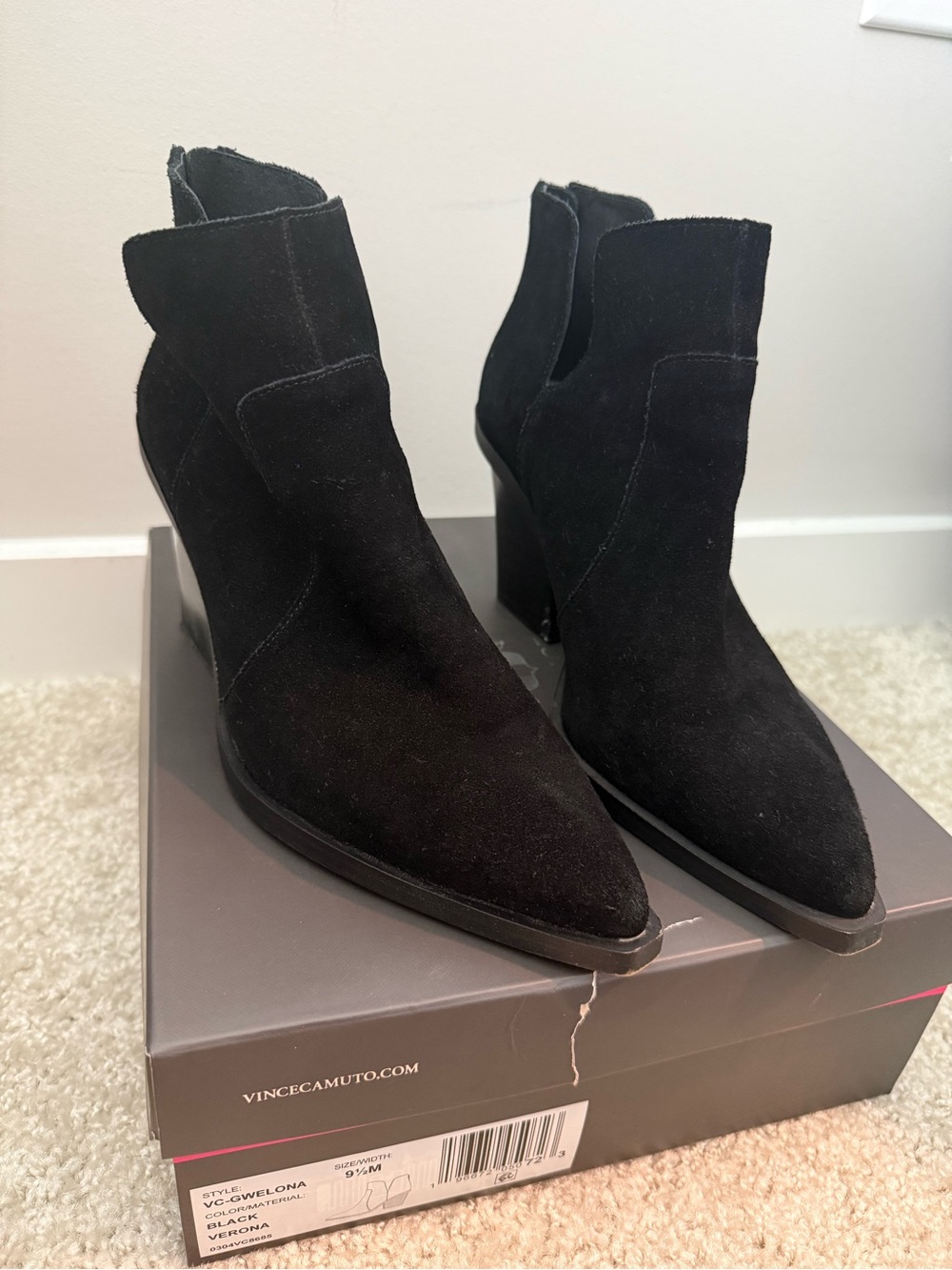 Vince Camuto Black Suede Pointed Ankle Booties with Block Heel